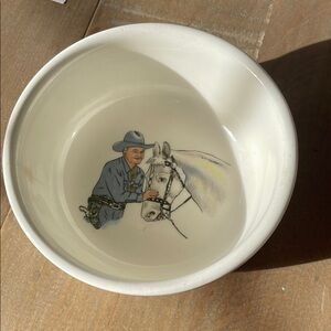 White Ceramic Bowl with Cowboy and Horse Design